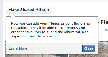 Facebook macht einen Hinweis für bereits bestehende Album, diese nun teilen zu können